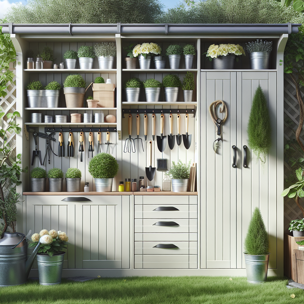Gerätehaus im Garten mit Pflanzen, Töpfen und Gartengeräten, alles ordentlich auf Regalen und Haken arrangiert.
