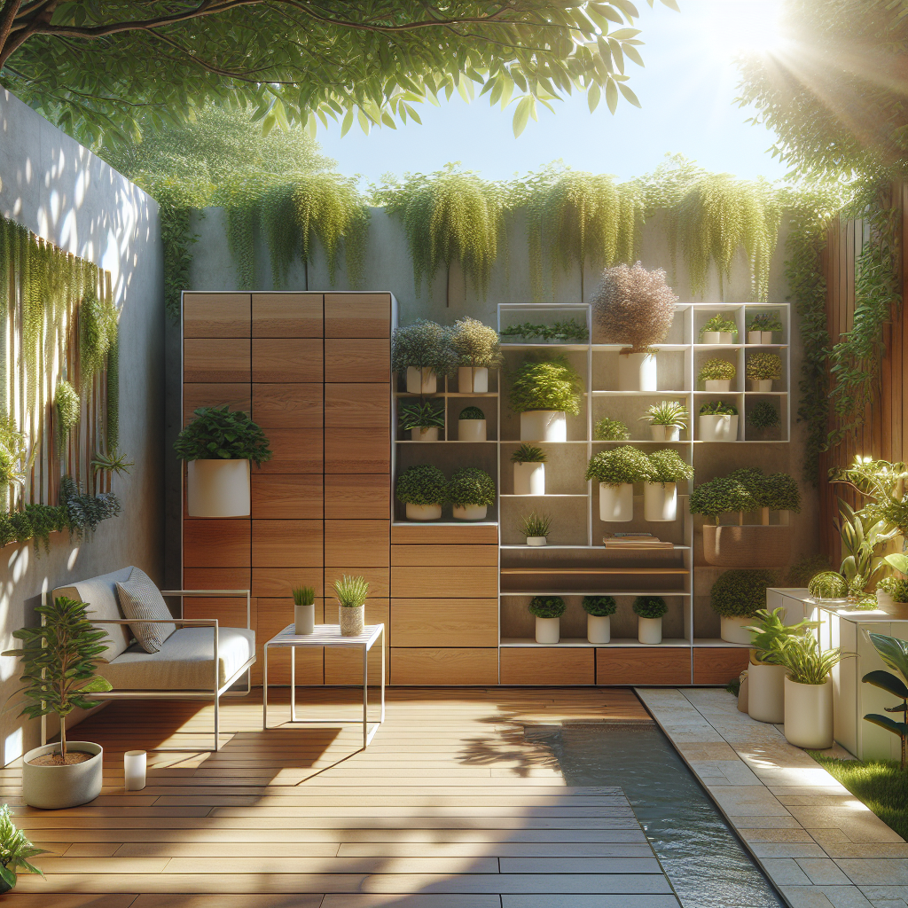 Moderner Gartenbereich mit Holzdeck, Sitzmöbeln und vielen Pflanzen in Töpfen; Sonnenlicht und Wände mit Pflanzen.