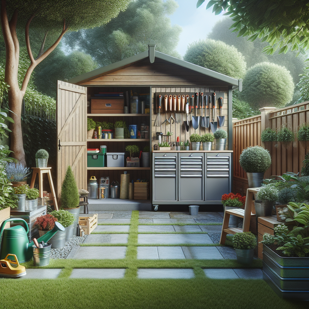 Ein aufgeräumtes Gartenhaus mit Gartengeräten, Pflanzen und Lagerregalen, umgeben von einem gepflegten Garten.