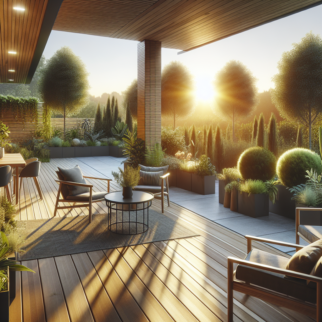 Moderne Terrasse mit Holzdeck, Möbeln, Pflanzen, Sonnenuntergang und Bäumen im Hintergrund. Atmosphäre ruhig und einladend.