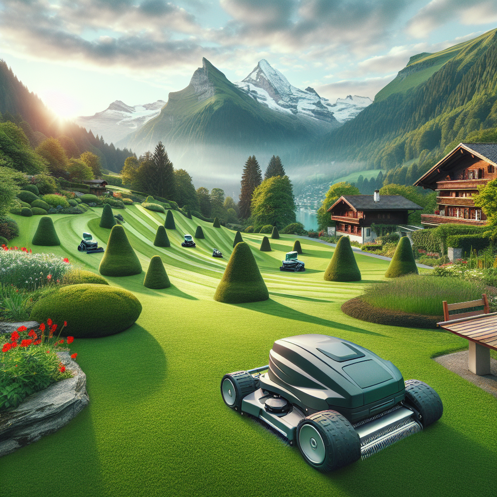 Ein malerisches Bergtal mit Chalets, Rasenrobotern und geometrischen Büschen, im Hintergrund schneebedeckte Gipfel.