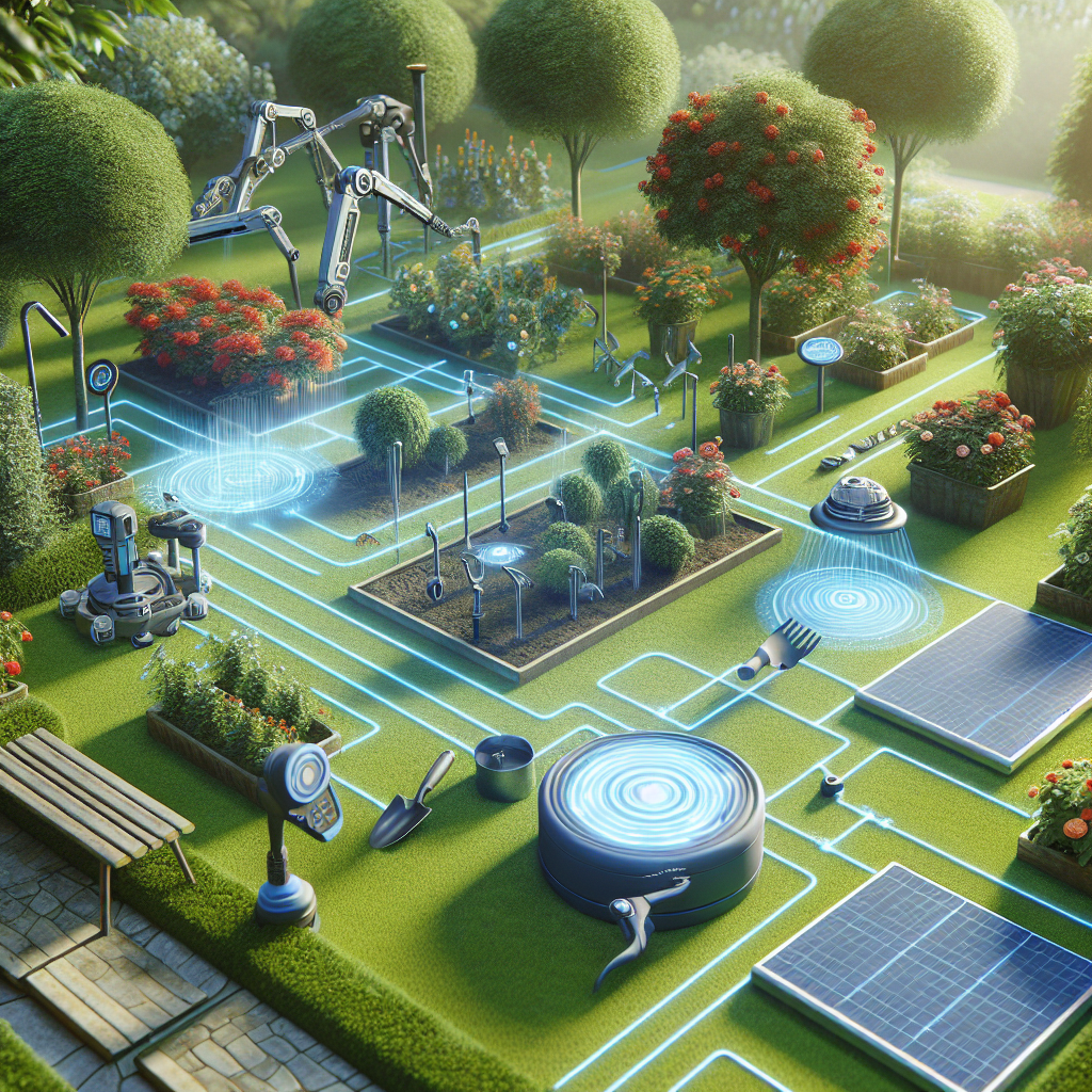 Ein futuristischer Garten mit Robotern und Solarpanels, die Pflanzenpflege und Bewässerung automatisieren.