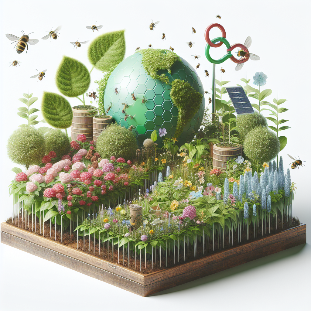 Ein Garten mit Blumen, Bienen, einer grünen Weltkugel, Blättern, Solar und Honigwaben auf einer Holzplattform.