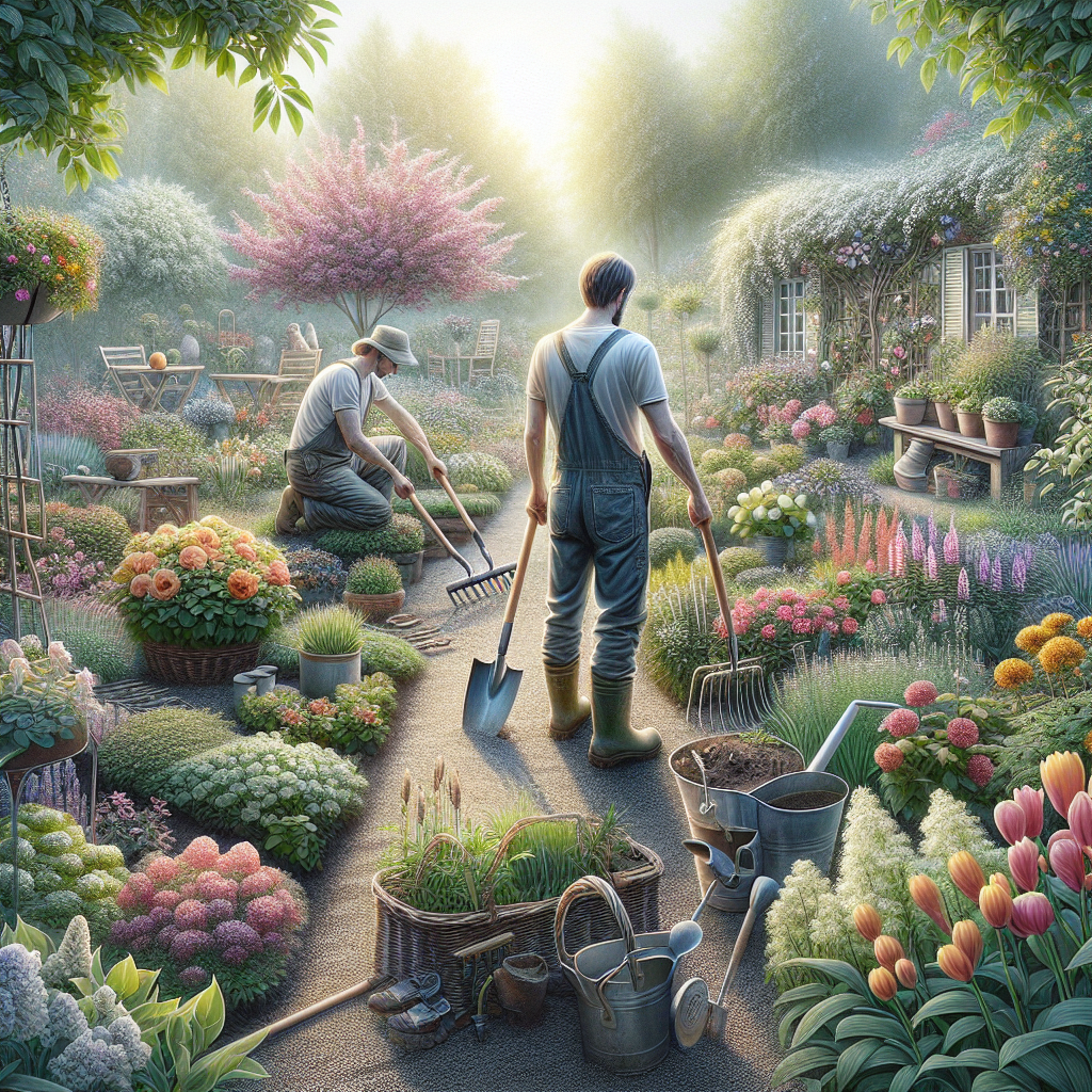 Zwei Gärtner pflegen einen bunten, blühenden Garten mit verschiedenen Pflanzen und Werkzeugen umgeben von Bäumen.