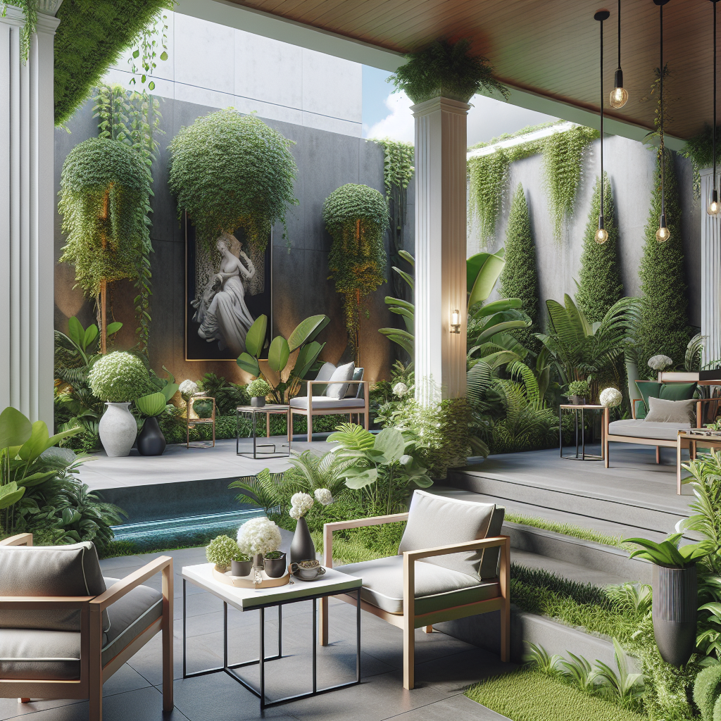 Moderner Garten mit Sitzbereich, üppigen Pflanzen und einer Statue an der Wand unter einer überdachten Terrasse.