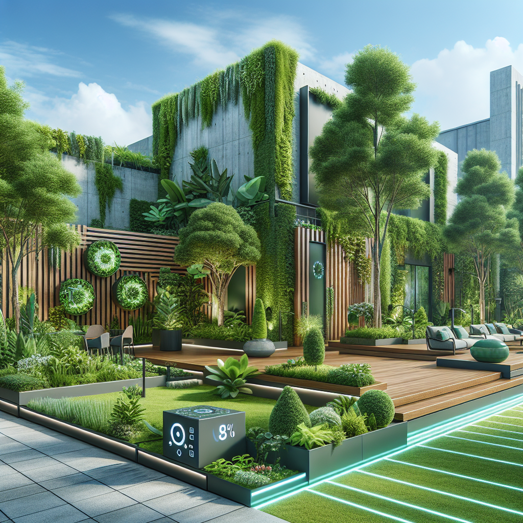 Moderne Terrasse mit viel Grün, Pflanzen und Technik. Nachhaltige Architektur mit vertikalem Garten und smarten Features.