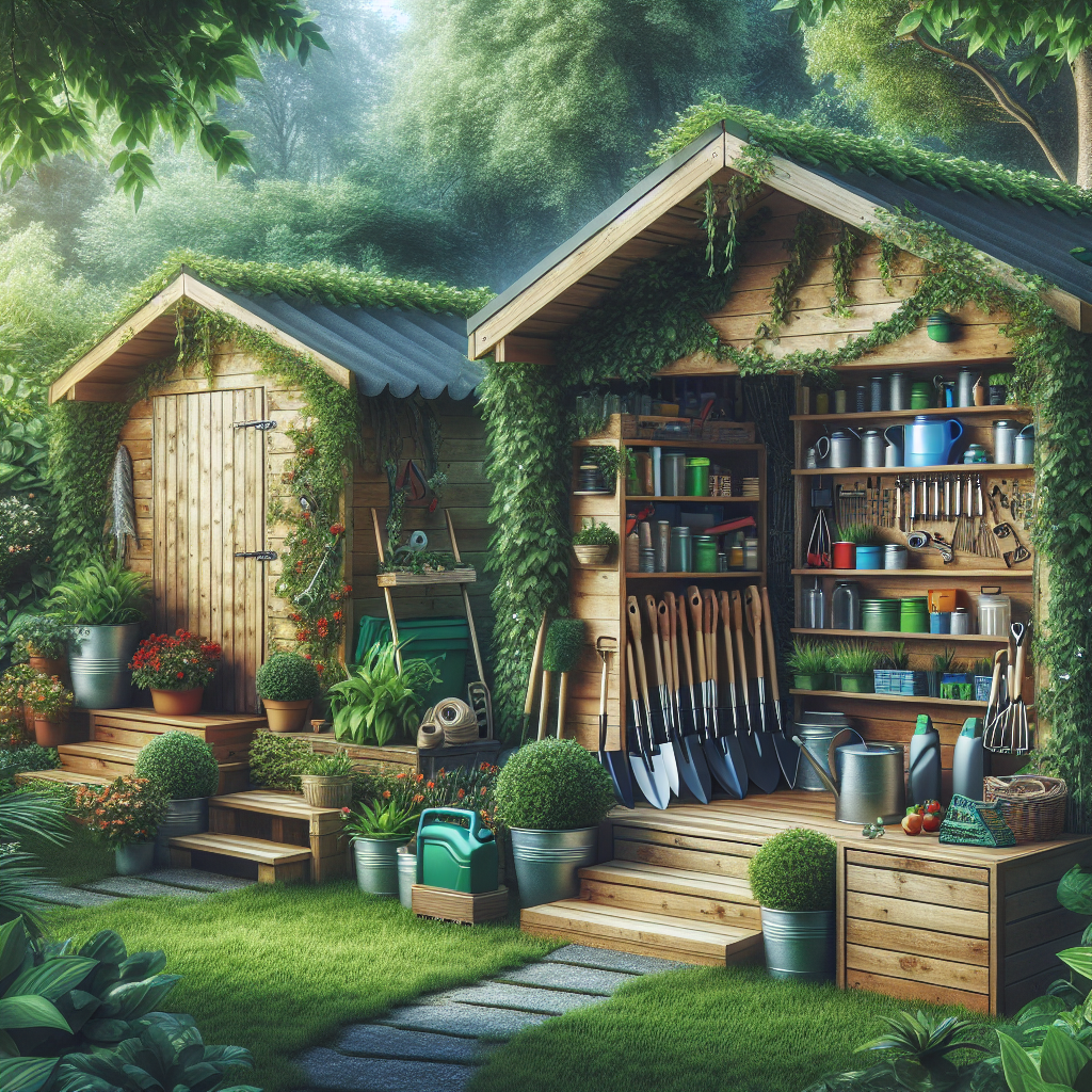 Ein Gartenhaus mit Werkzeug, Pflanzen in Töpfen und Regalen voller Gießkannen und Pflanzenpflegebedarf.