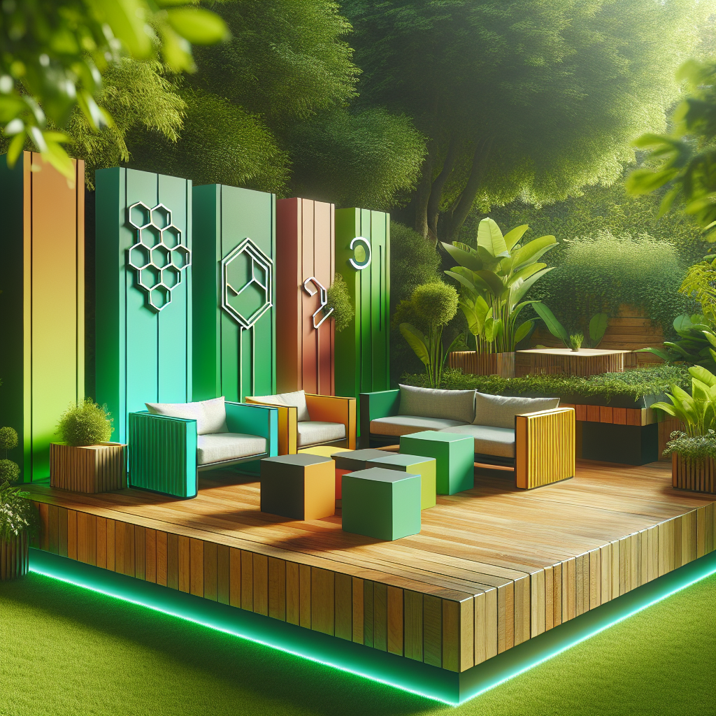 Moderne Terrasse mit farbigen Möbeln und geometrischen Wanddekorationen, umgeben von üppigem Grün.