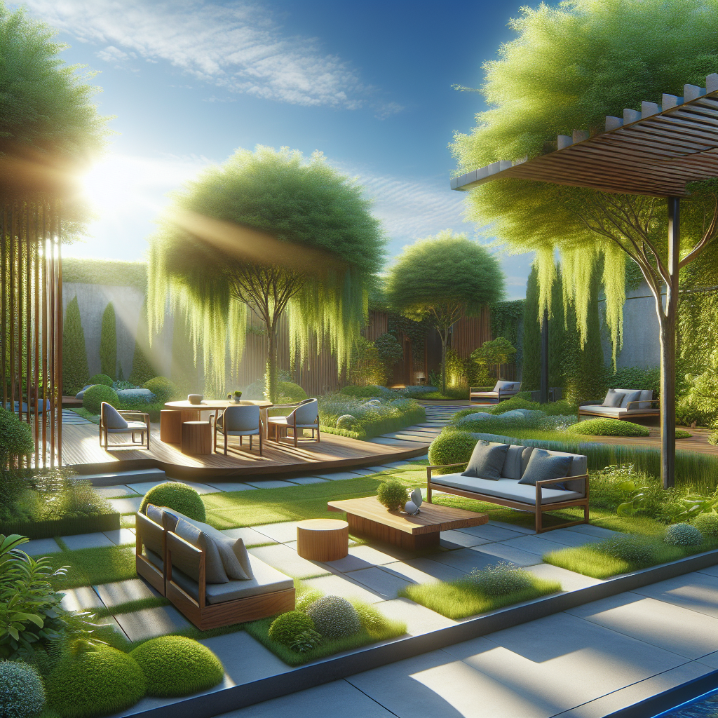 Ein moderner Garten mit Möbeln, Bäumen und Sonnenstrahlen, die eine entspannte Atmosphäre schaffen.