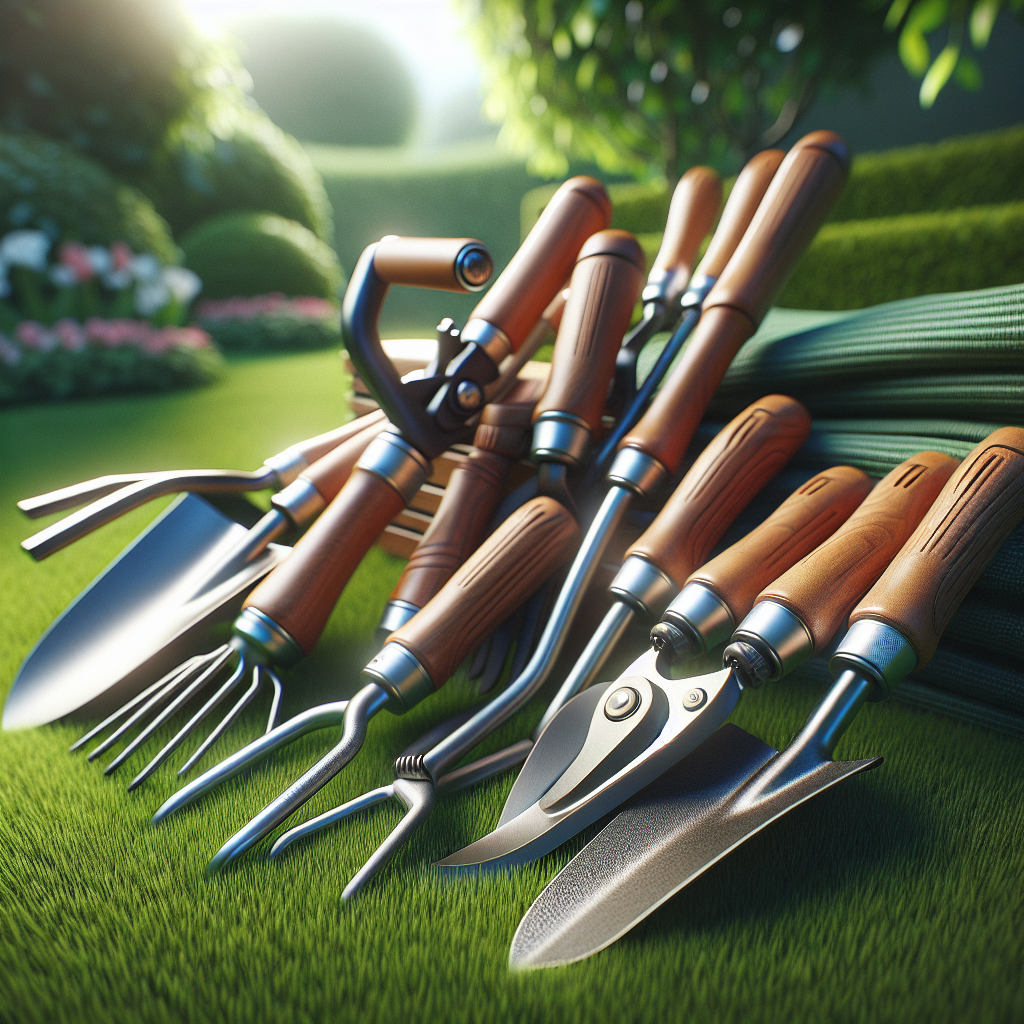 Eine Sammlung von Gartengeräten mit Holzgriffen liegt auf grünem Gras. Im Hintergrund sind Pflanzen zu sehen.