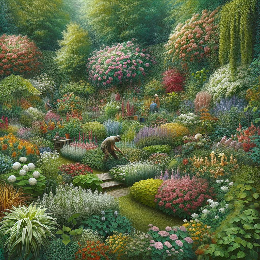 Ein üppiger Garten mit farbenfrohen Blumen und Menschen, die darin arbeiten.