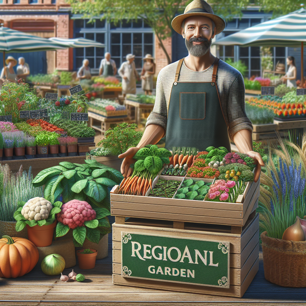 Mann am Marktstand verkauft frisches Gemüse und Pflanzen, mit „Regional Garden“-Schild, lebhafter Markthintergrund.