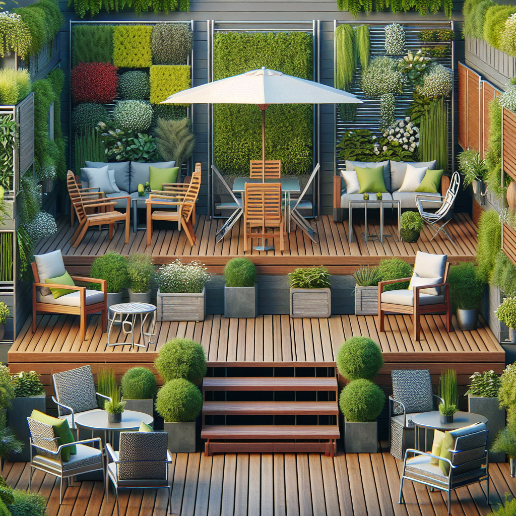 Gartenbalkon mit Holzboden, Sitzmöbeln, Pflanzenwänden, Tischen und Sonnenschirm.