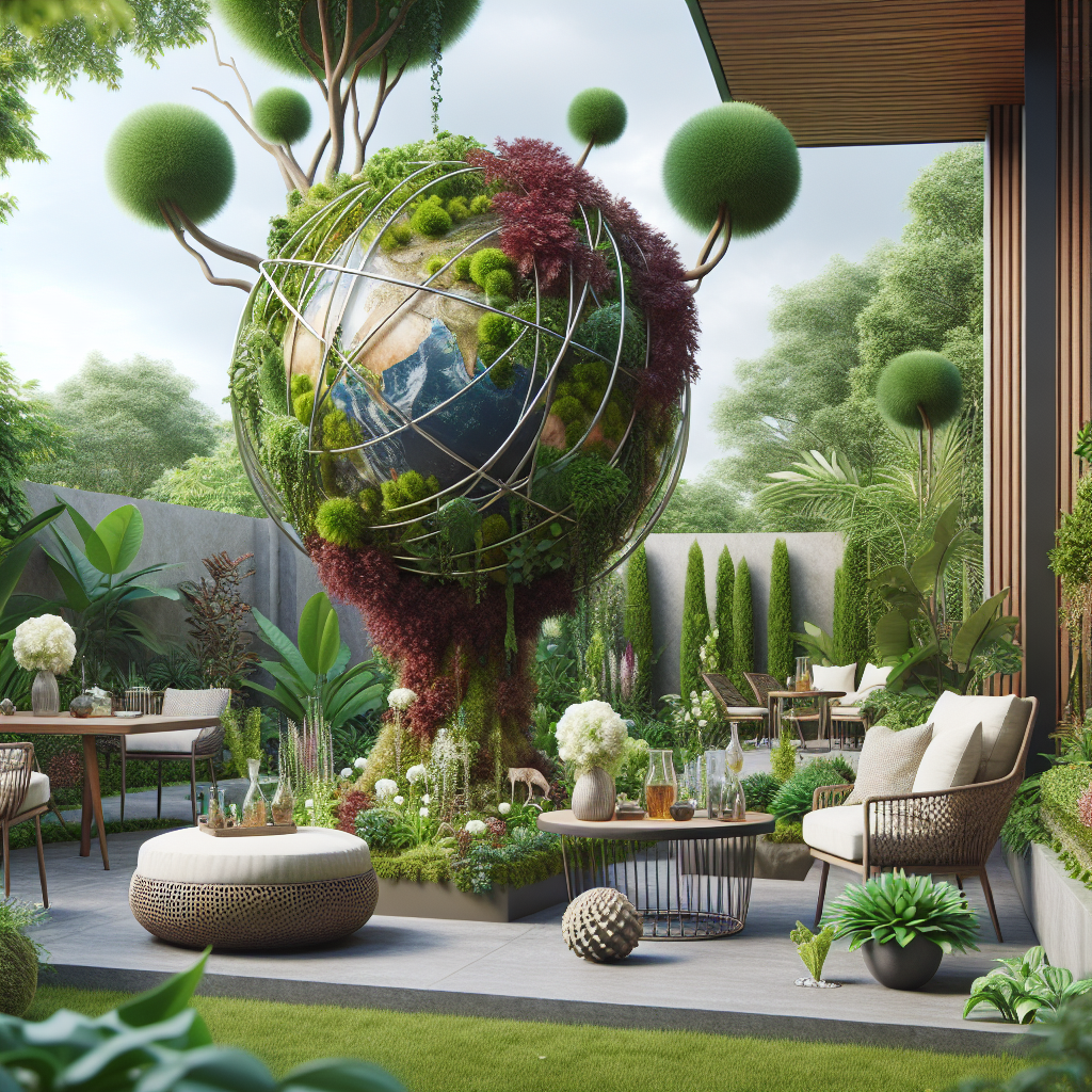 Ein Garten mit Sitzbereich und einer großen Skulptur einer Weltkugel, umgeben von Pflanzen und Bäumen.