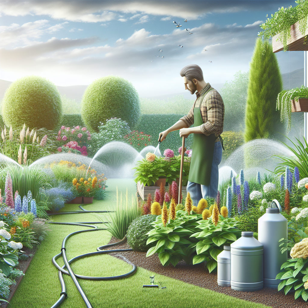 Ein Mann in Schürze gießt einen üppigen, blühenden Garten mit Wasserschläuchen und Sprinklern.