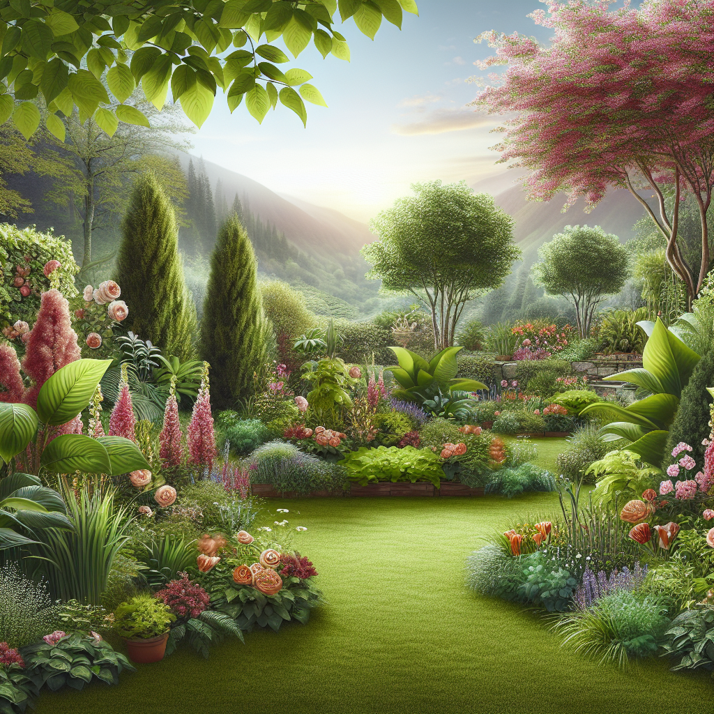 Ein bunter Garten mit Blumen, Bäumen und Bergen im Hintergrund, Sonnenaufgang beleuchtet die Szene.