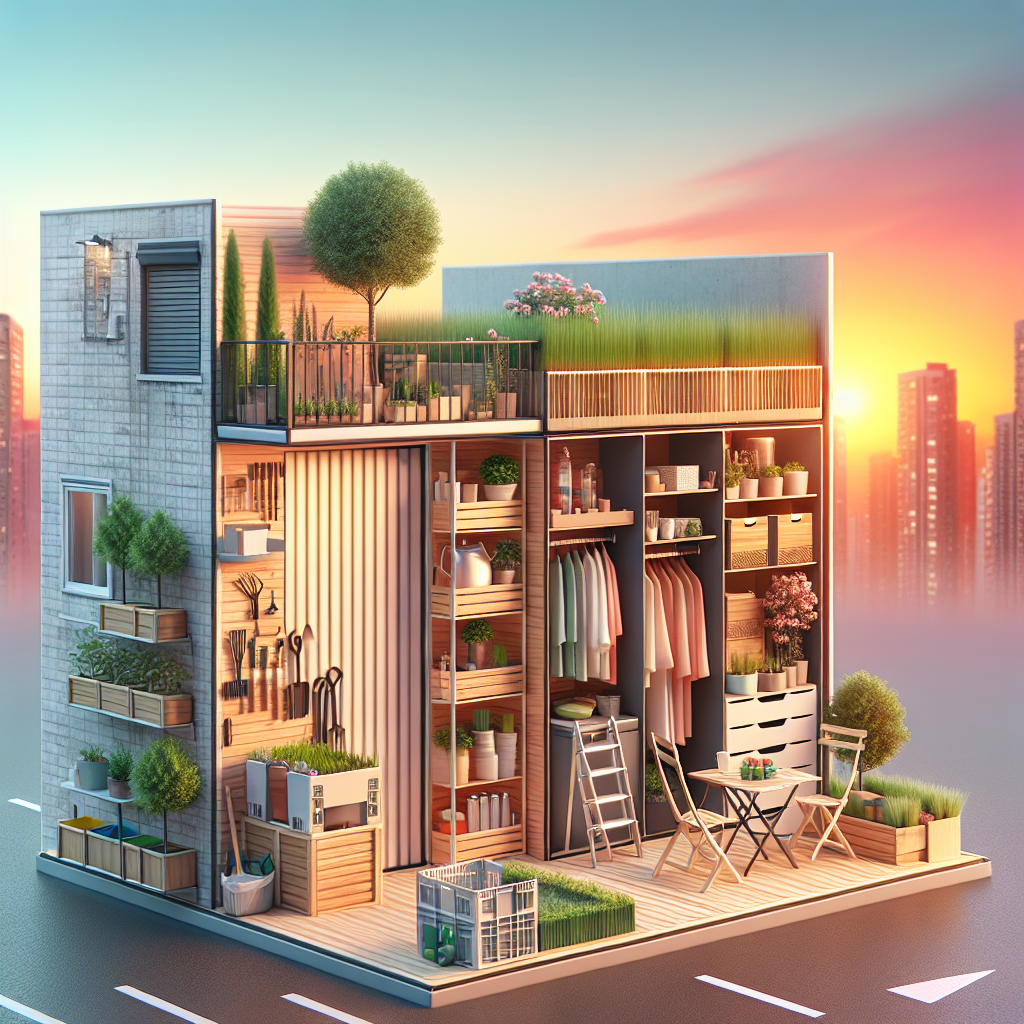 Miniaturhaus mit Garten, Werkzeugen, Regalen und Terrasse. Sonnenuntergang und Stadtansicht im Hintergrund.