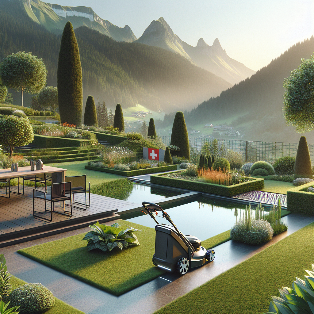 Ein gepflegter Garten in den Alpen mit Rasenmäher, Terrasse und Schweizer Flagge, umgeben von Bergen und Natur.