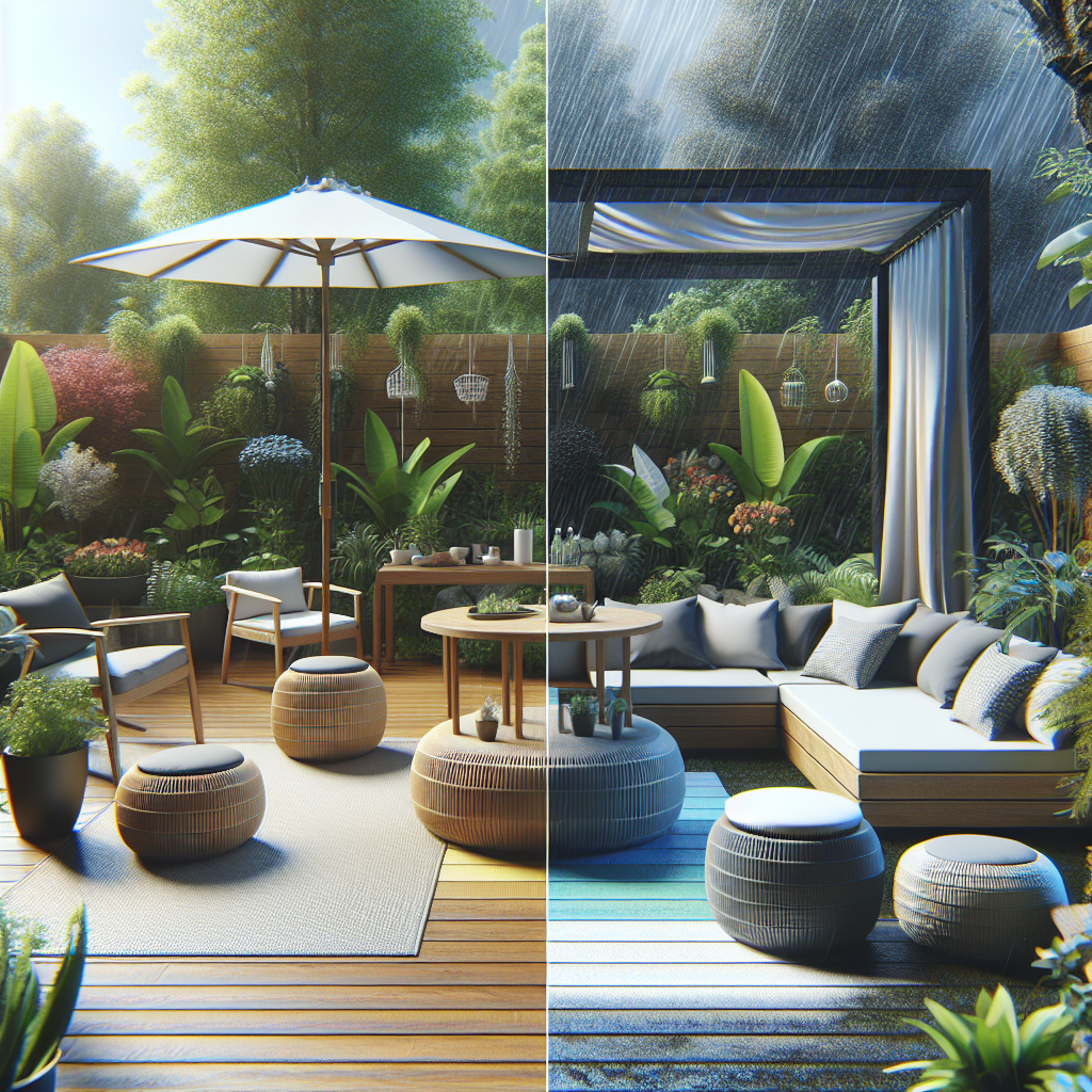 Zwei Szenen eines modernen Gartens: links bei Sonne mit Sonnenschirm, rechts im Regen mit Couches.