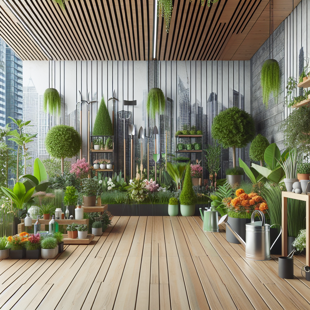 Moderne Innenbegrünung mit Pflanzen, Gartenwerkzeug, und einer städtischen Kulisse im Hintergrund.