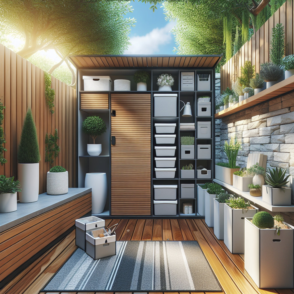 Moderne Gartenhütte mit Regalen, Schränken und Pflanzen in stilvoller Anordnung. Hölzerne und steinige Wandakzente.