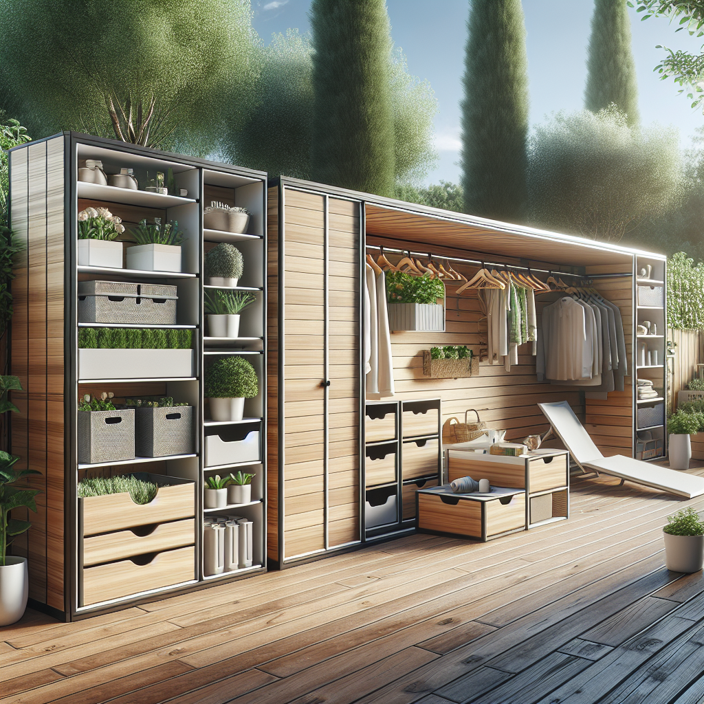 Ein offener Schrank im Freien mit Kleidung, Pflanzen und Aufbewahrung, Holzdesign und Liegestuhl auf Holzterrasse.