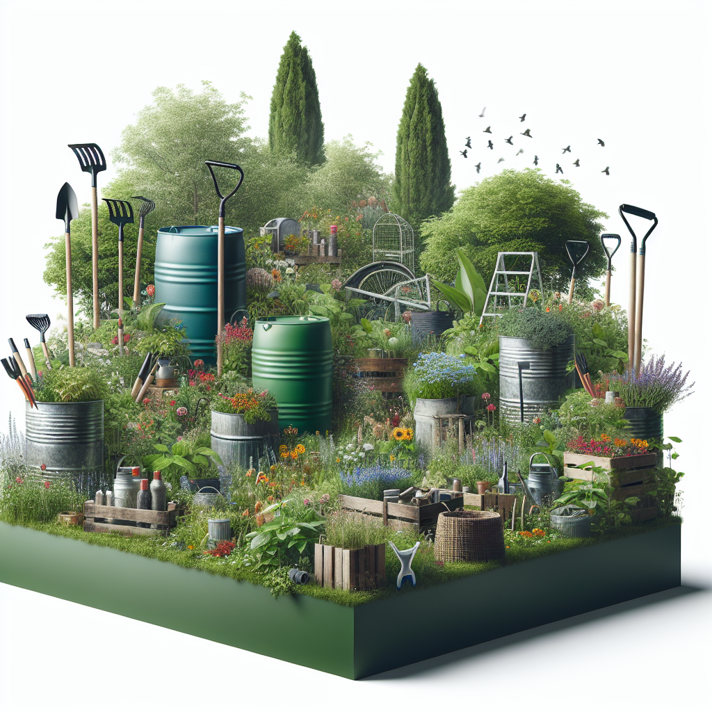 Ein wunderschöner Garten voller Pflanzen, Blumen und Gartengeräte, umgeben von Bäumen und Vögeln im Himmel.