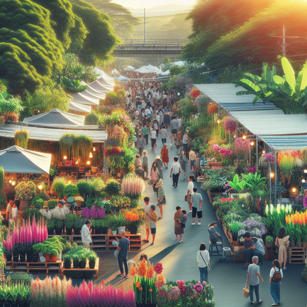 Ein lebhafter Blumenmarkt mit vielen Menschen, Ständen voller Pflanzen und Blumen, sonnige Atmosphäre.