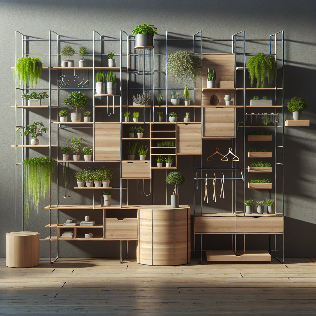 Ein modernes Regal mit hölzernen Schubladen und vielen Topfpflanzen an einer Wand.