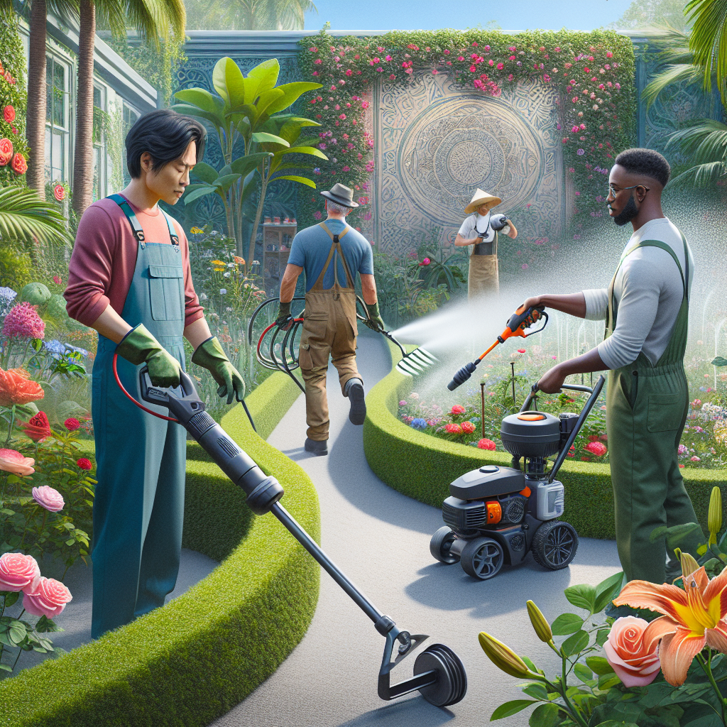 Gärtner pflegen einen formalen Garten mit Werkzeugen, Schläuchen und Druckreinigern, umgeben von Blumen und Bäumen.