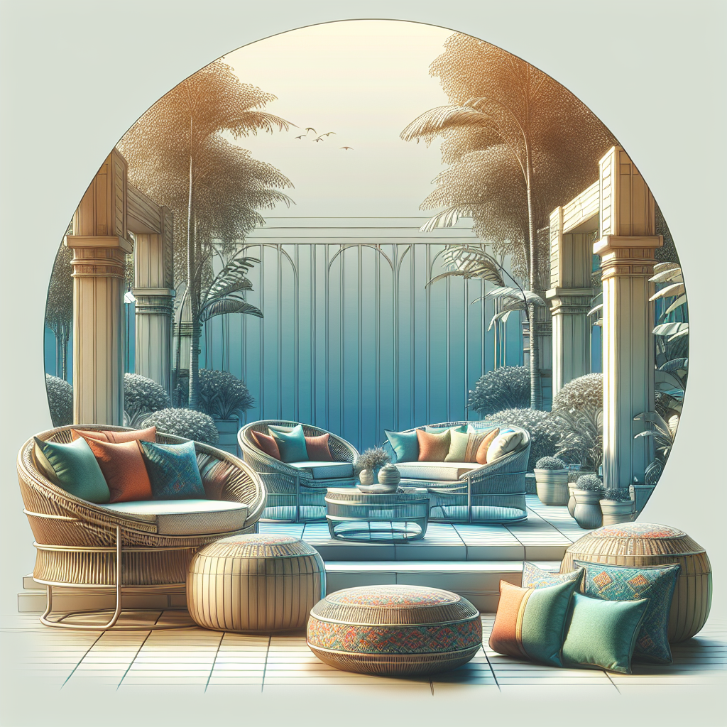 Ein gemütlicher Außenbereich mit Rattanmöbeln, Kissen und Pflanzen, umgeben von Palmen und einer Torbogenstruktur.