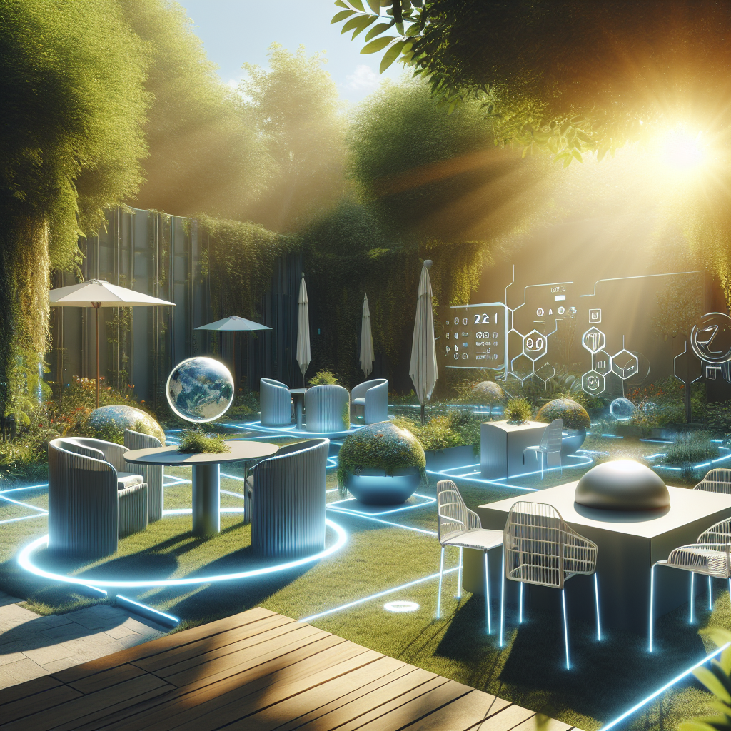 Moderner Garten mit futuristischer Einrichtung, holografischen Elementen und Sonnenlicht, umgeben von Pflanzen.
