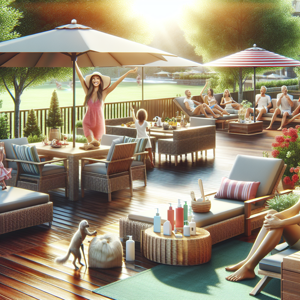 Eine sommerliche Terrasse mit Menschen, die sich entspannen, unter Sonnenschirmen in einer grünen Umgebung.