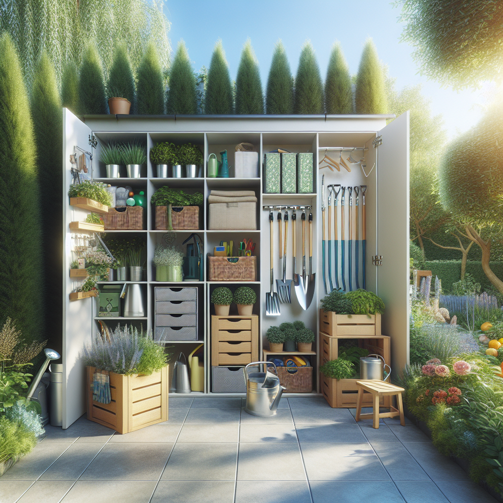 Ein geöffneter Schuppen, gefüllt mit Gartenwerkzeugen, Töpfen, Pflanzen und Zubehör. Drumherum ein gepflegter Garten.
