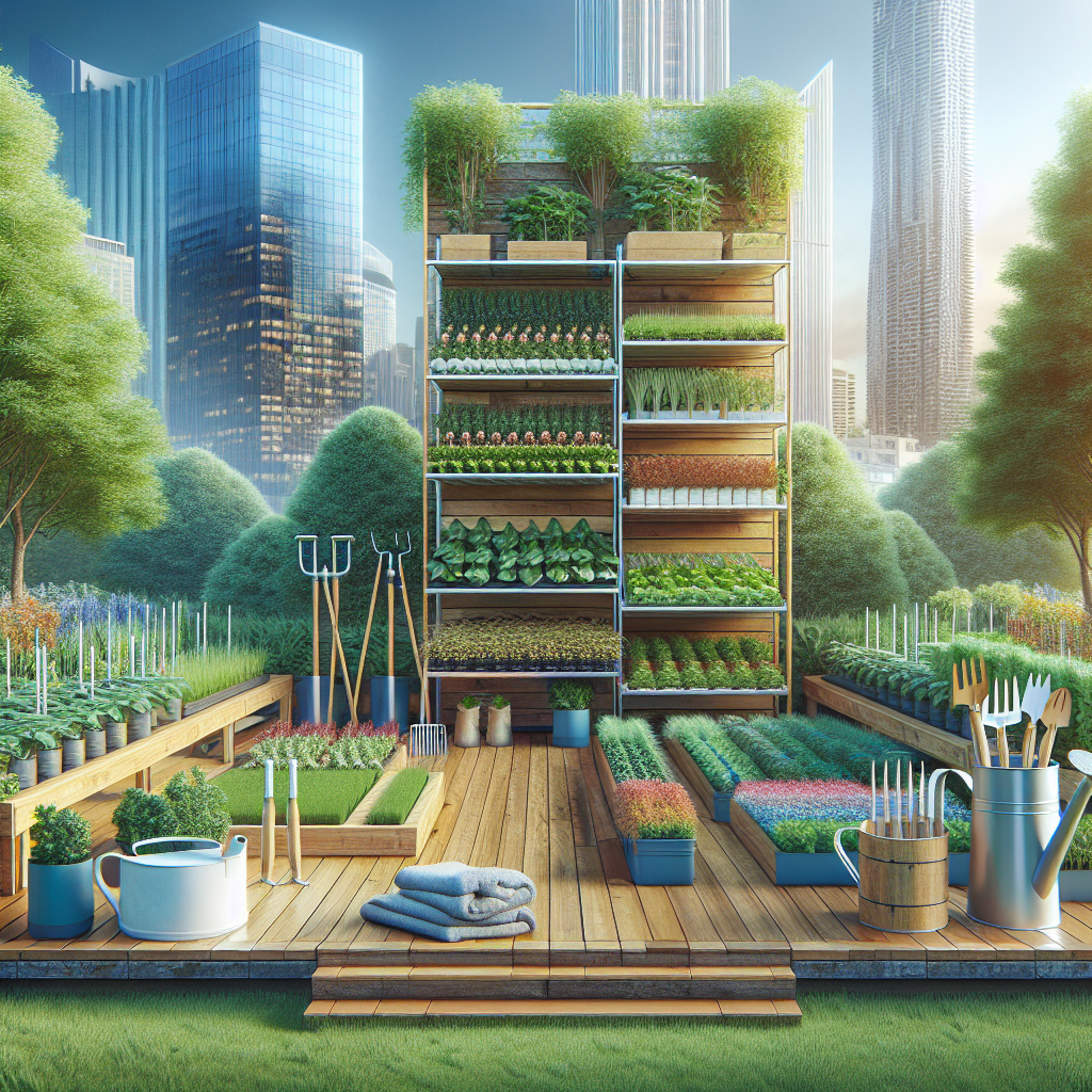 Vertikaler Garten mit Pflanzen, umgeben von modernen Stadtgebäuden, Gartengeräten und Holzplattform.