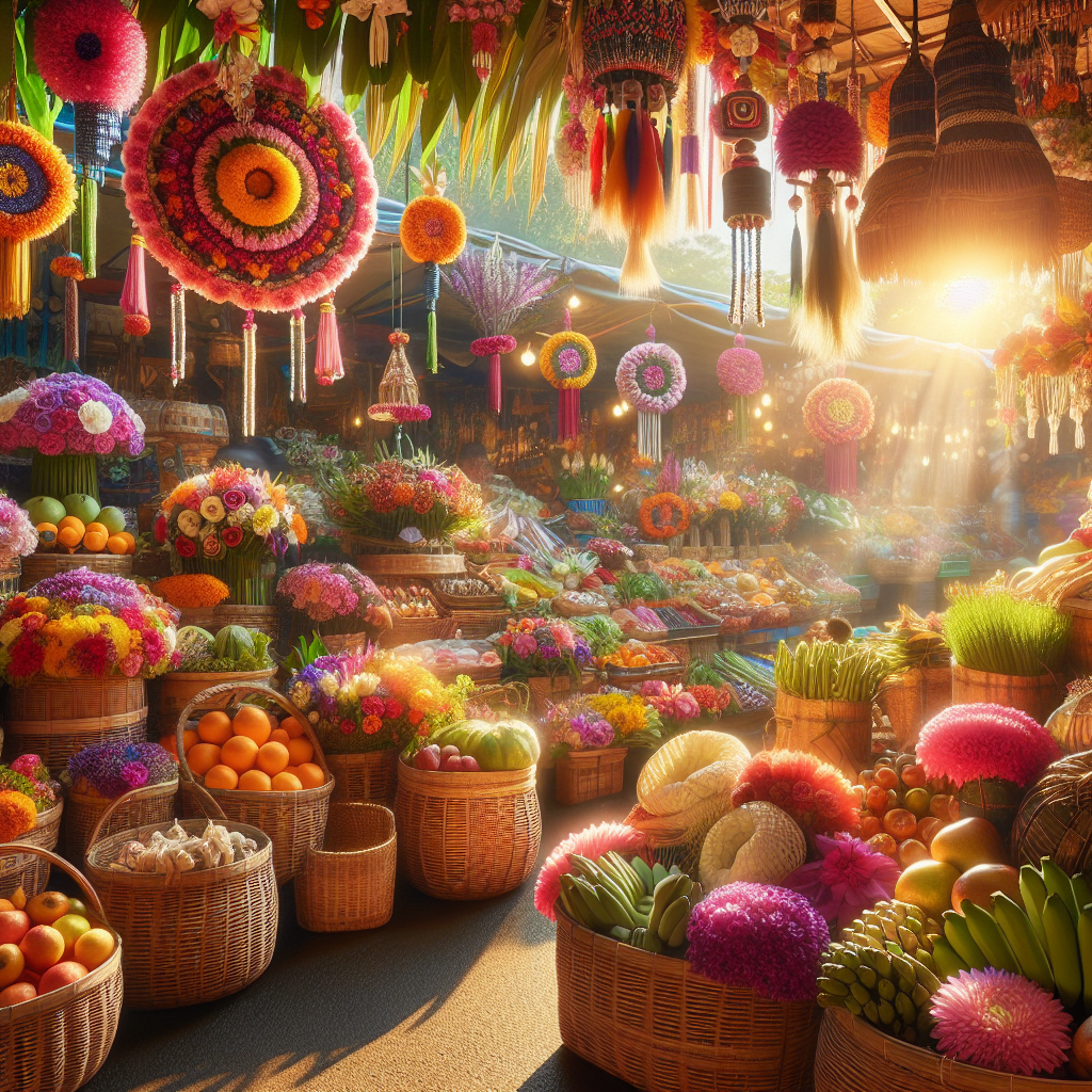 Ein blumen- und fruchtreicher Markt mit Körben und bunten Hängedekorationen in Sonnenlicht.