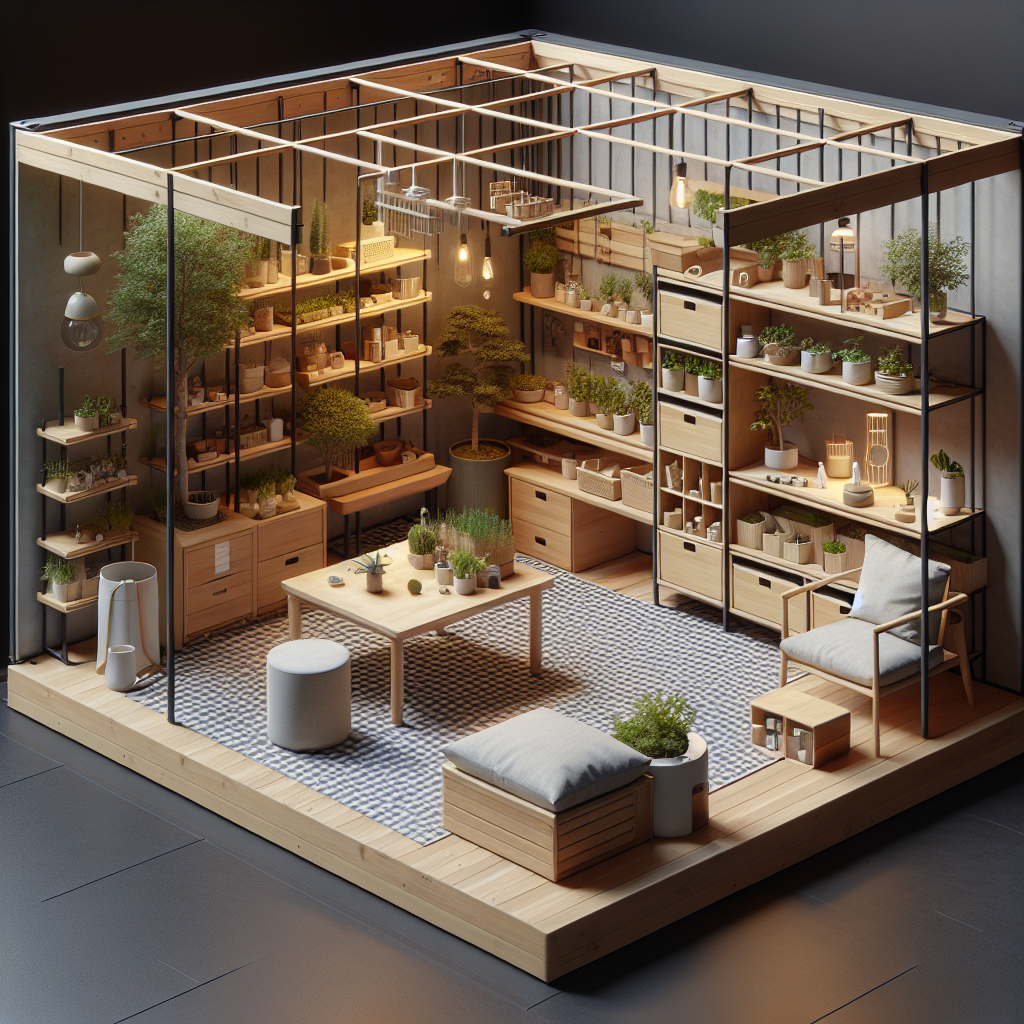 Moderner Raum mit Pflanzen, Regalen und Holzmöbeln. Entspannte Atmosphäre mit hängenden Lichtern und natürlichem Design.