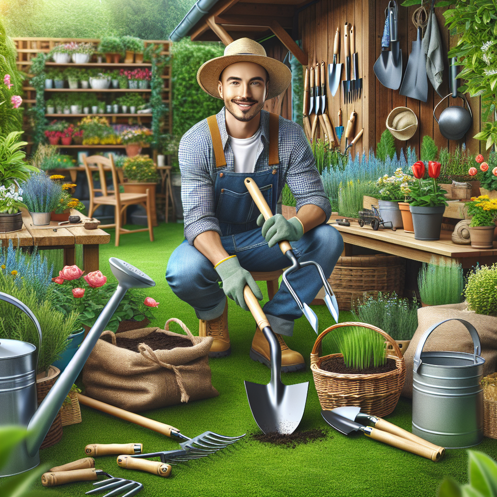 Ein Gärtner in einem grünen Garten mit Werkzeugen, Pflanzen und einem Schuppen im Hintergrund.