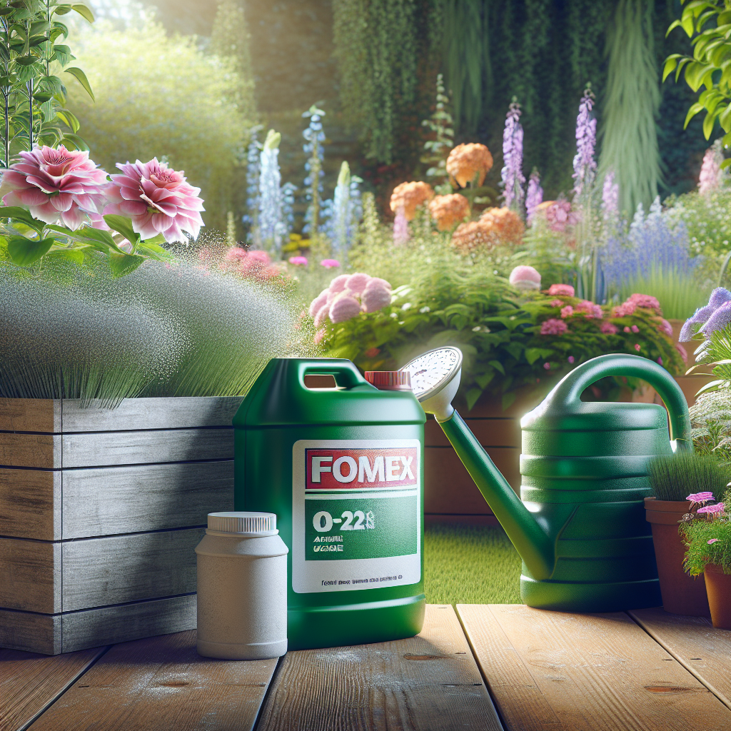 Garten mit bunten Blumen, Gießkanne und FOMEX Flüssigdünger.