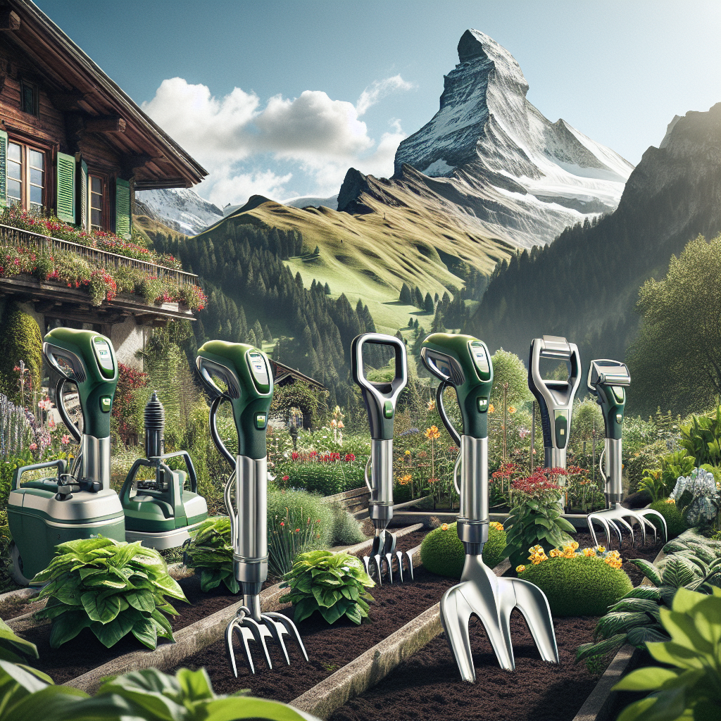 Futuristische Gartengeräte in einem blühenden Garten mit einem Chalet und einem Berg im Hintergrund.