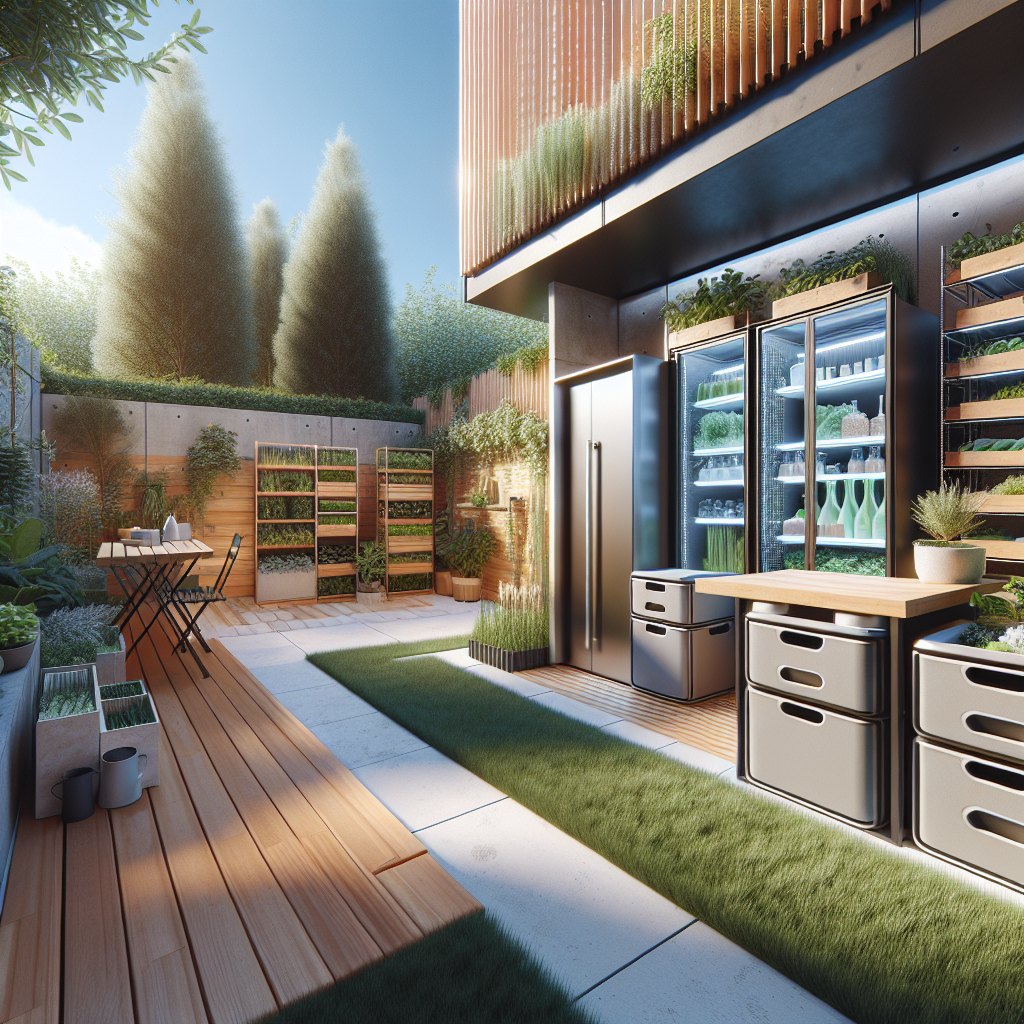 Moderner, grüner Hinterhof mit Pflanzen, Außenküche, Tisch und Kühlschrank, umgeben von Holz und Vegetation.