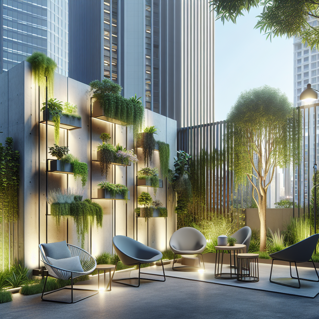 Moderne Terrasse mit vertikalem Garten und stilvollen Sitzmöbeln, umgeben von Wolkenkratzern.