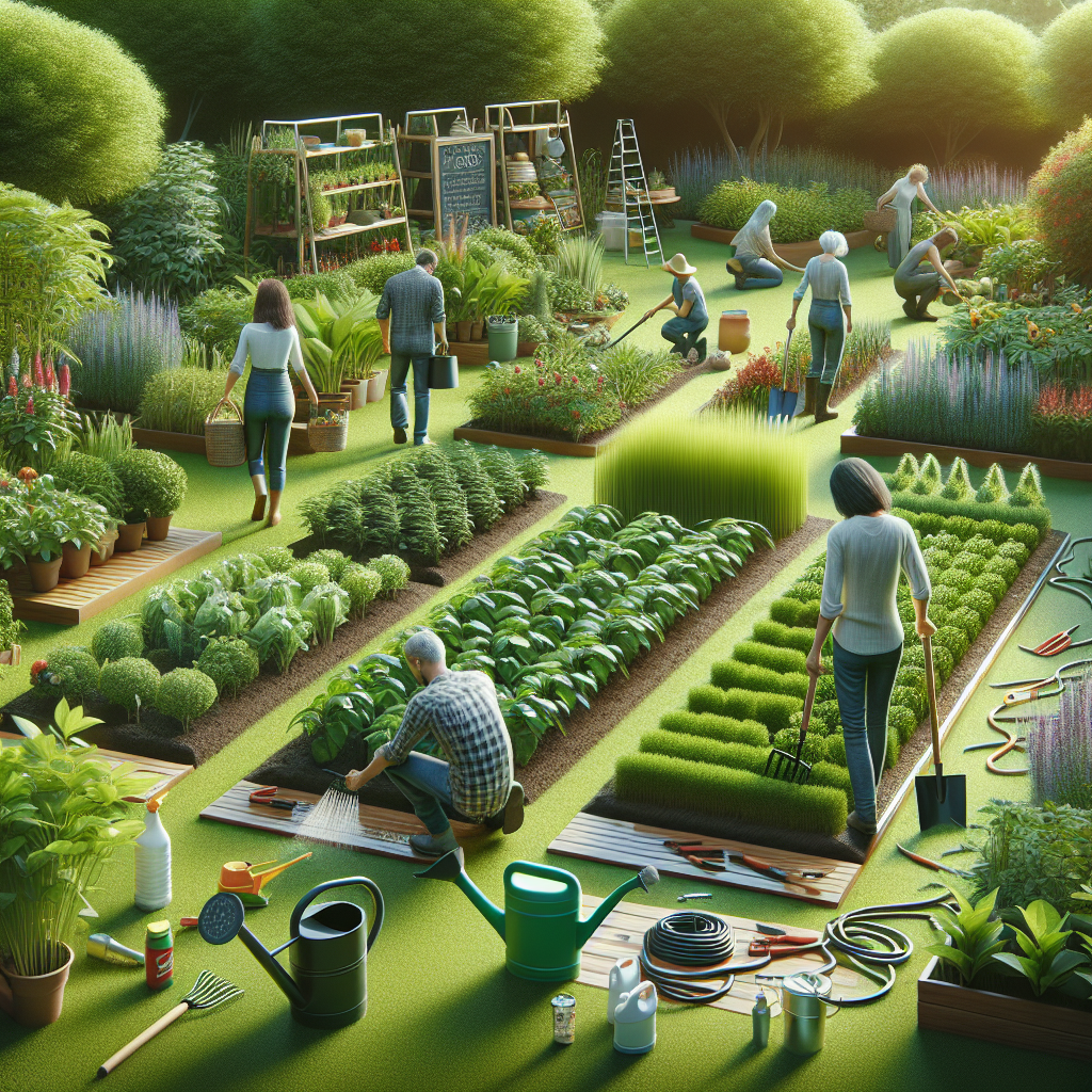 Menschen arbeiten in einem Garten, pflegen Pflanzen und nutzen Werkzeuge.