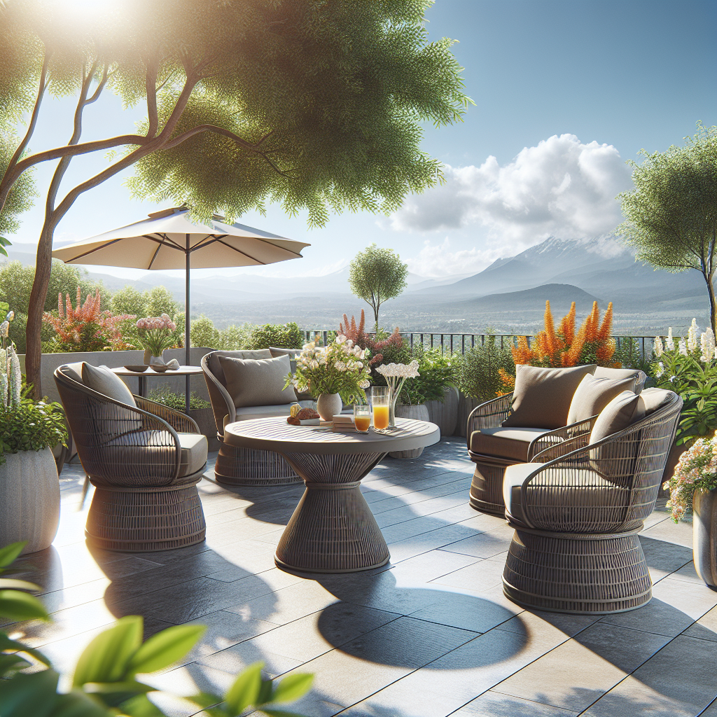 Eine Terrasse mit Tisch, Stühlen, Pflanzen, Sonnenschirm und Bergblick bei Sonnenschein.