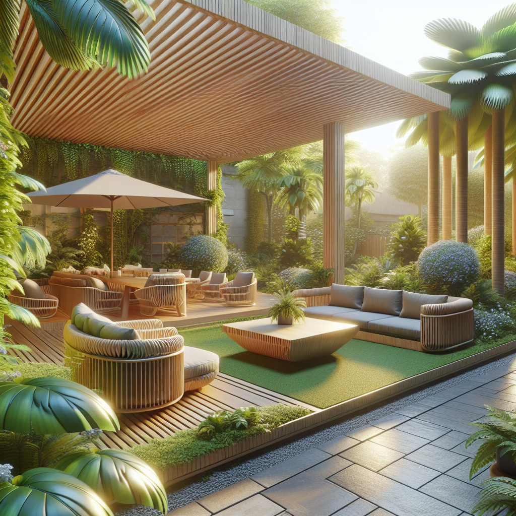 Moderner Garten mit Holzmöbeln, Sonnenschirm und üppigen Pflanzen unter Pergola.