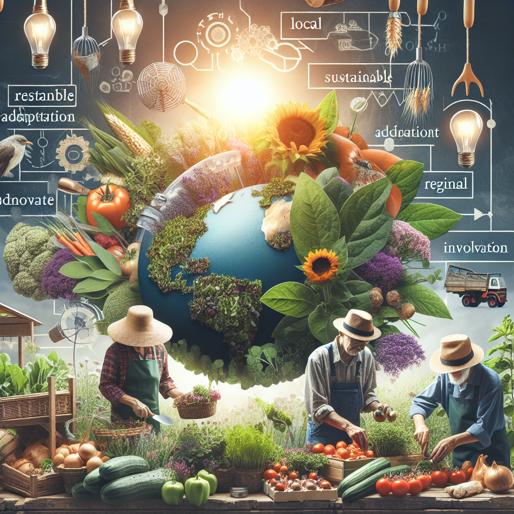 Ein Globus aus Pflanzen umgeben von Bauern, Gemüse, und Symbolen für Nachhaltigkeit und regionale Landwirtschaft.