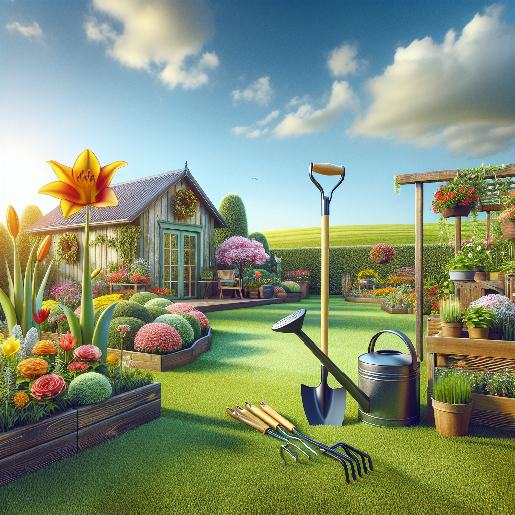 Ein blühender Garten mit einem Schuppen, Gartenwerkzeugen, bunten Blumen und einem Gießkanne.