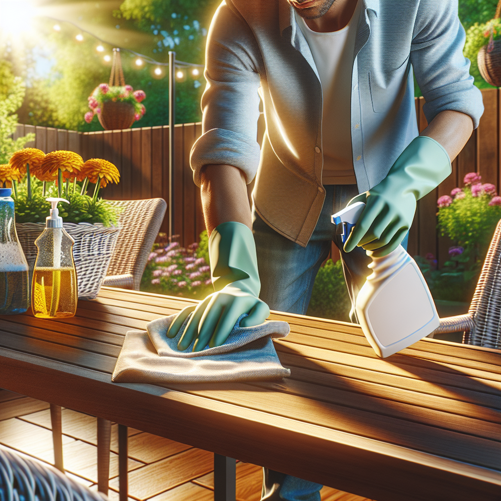 Ein Mann reinigt einen Holztisch im Garten mit Handschuhen, Lappen und Sprayflasche, umgeben von Blumen und Sonne.