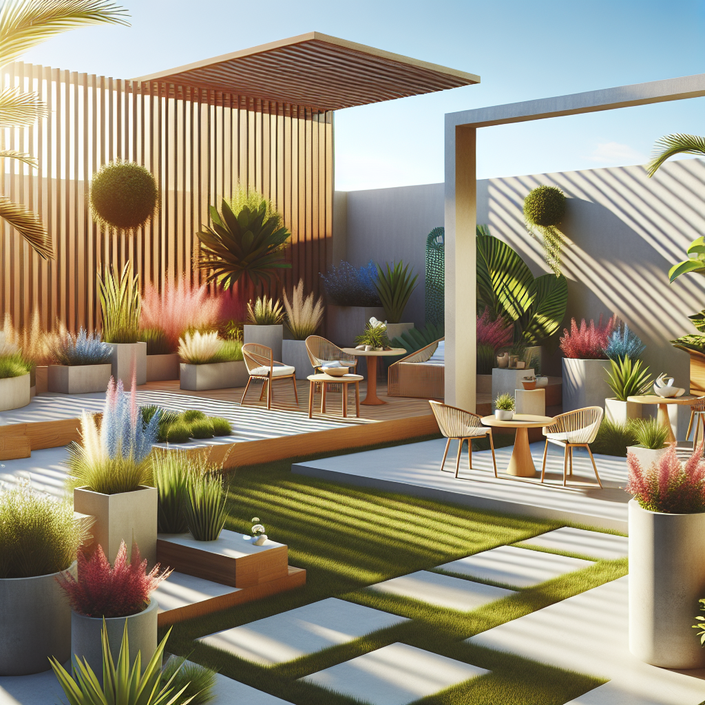 Moderne Terrasse mit Pflanzen, Holzmöbeln und schattenspendendem Pergola.