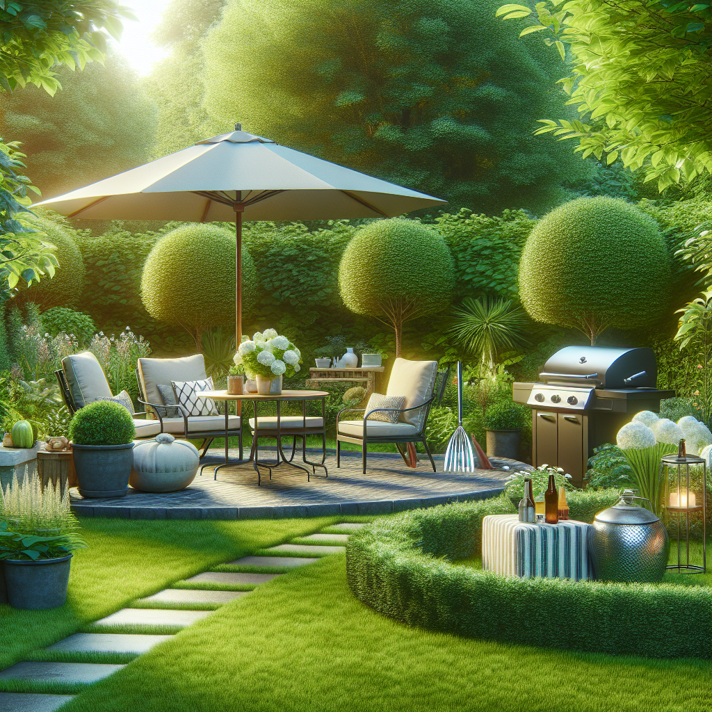 Ein gepflegter Garten mit Terrasse, Sitzbereich, Sonnenschirm, Grill, Pflanzen und dekorativen Büschen.